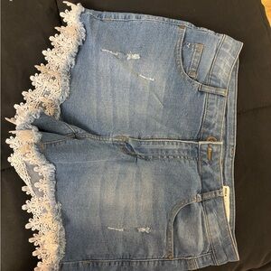 Blue Denim Shorts with Lace Trim